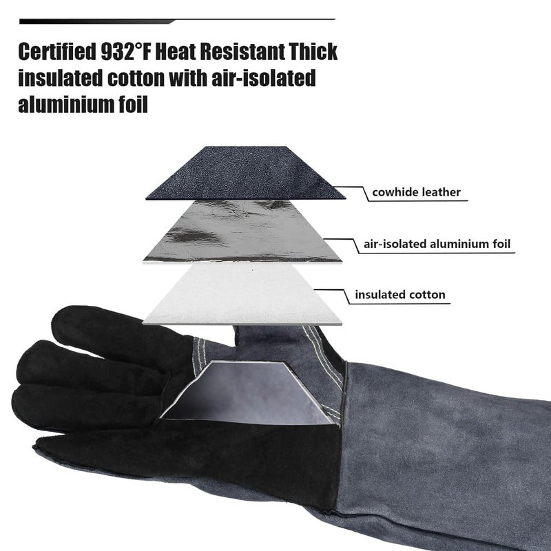 OZERO 932â„‰ Grill BBQ Gloves 16-inch Heat Resistant Leather Forge Welding Glove with Flame Retardant Long Sleeve and Insulated Lining for Men and Women Black-gray - Image 5